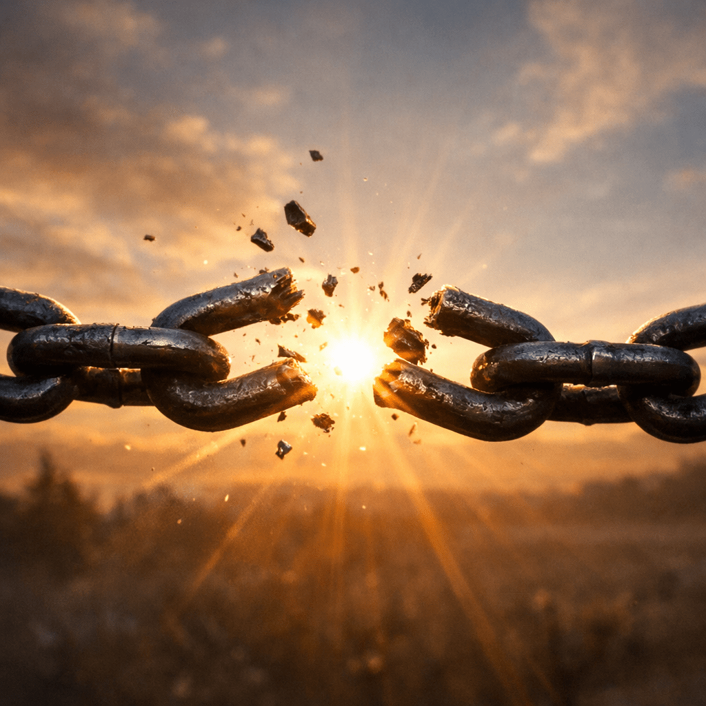 A metal chain link breaking apart with bright sun rays shining between the broken links