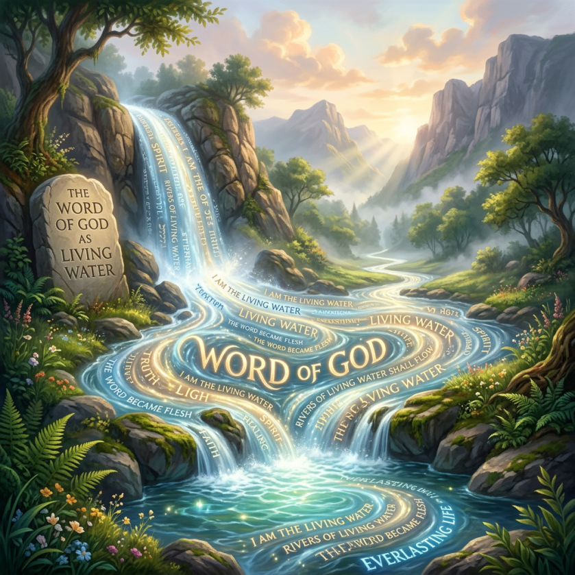 Waterfall and river with glowing words representing the Word of God as living water in a natural landscape
