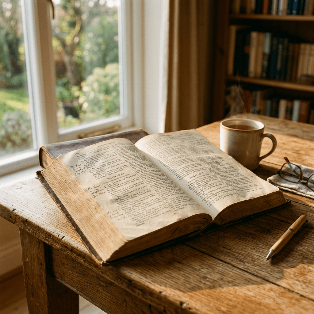 Open vintage book on wooden table near window with steaming cup of tea and glasses