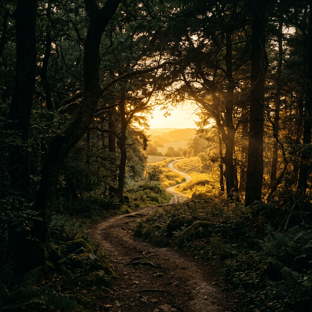 Winding dirt path through dense forest opening to sunlit fields