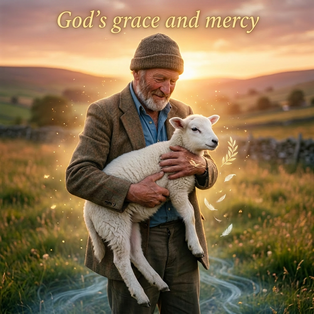 Elderly man wearing a brown jacket and knit hat holding a white lamb outdoors at sunset
