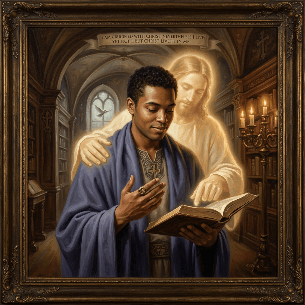 Man reading book with glowing figure of Jesus behind him pointing at the text