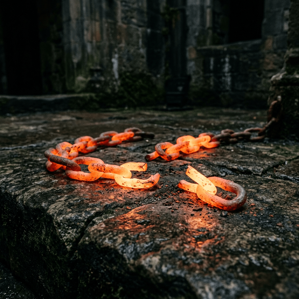 Broken chain links glowing red hot resting on stone ground