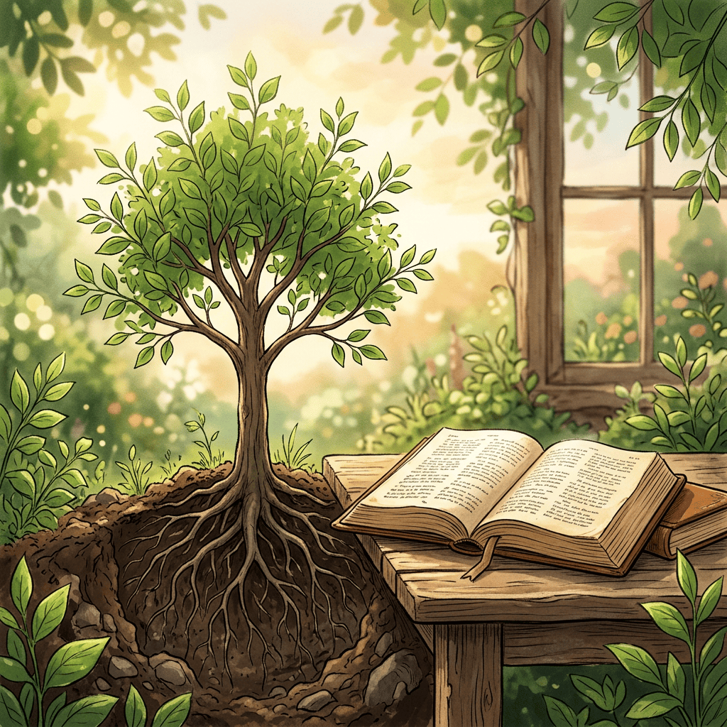 Open book beside a leafy tree with exposed roots and garden window